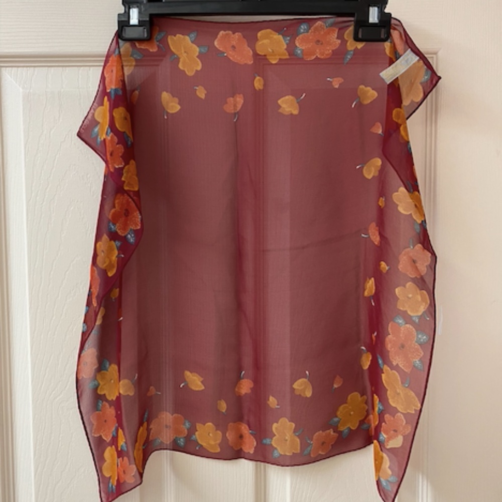 Elaine Gold red 100% silk floral square scarf with orange and yellow flowers